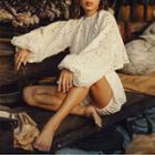 Set Of 3: Lace Bralette + Long Sleeve Lace Eyelet Top + Lace Eyelet Shorts