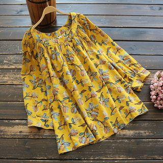 3/4-sleeve Floral Print Draped Top