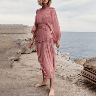 Stand Collar Chiffon Midi A-line Dress
