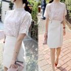 Set: Elbow-sleeve Chiffon Top + Mini Skirt + Belt + Camisole Top