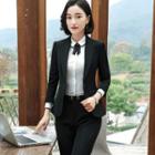 Single-button Blazer / Slim-fit Dress Pants / Mini Pencil Skirt / Long-sleeve Blouse / Set