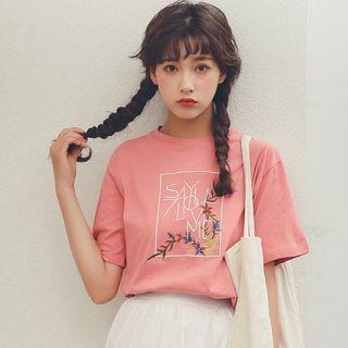 Short-sleeve Embroidered T-shirt Pink - One Size