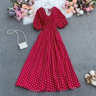Puff-sleeve Dotted Wide-leg Jumpsuit
