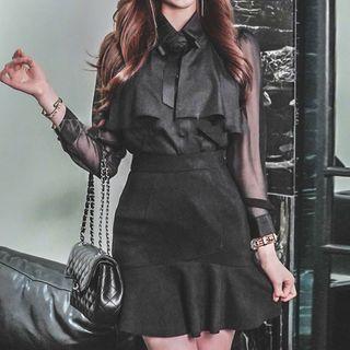 Set: Bow Accent Blouse + Ruffle Hem A-line Skirt