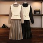 Set: Knit Vest + Long-sleeve Pleated Dress