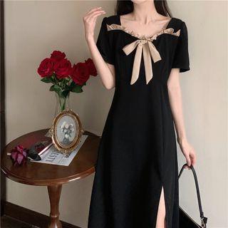 Short-sleeve Ribbon Slit Midi A-line Dress