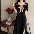Short-sleeve Ribbon Slit Midi A-line Dress