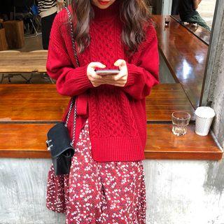 Floral Long-sleeve Midi A-line Dress / Cable-knit Sweater