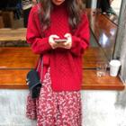 Floral Long-sleeve Midi A-line Dress / Cable-knit Sweater