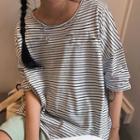 Elbow-sleeve Cut Out Pinstriped T-shirt