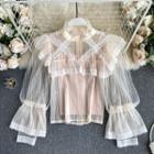 Set: Long-sleeve Ruffled Mesh Blouse + Camisole Top