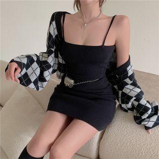 Spaghetti Strap Mini Dress / Argyle Cropped Cardigan