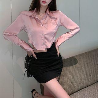 Letter Embroidered Long Sleeve Silky Crop Shirt / High Waist Beaded Chain Mini Skirt