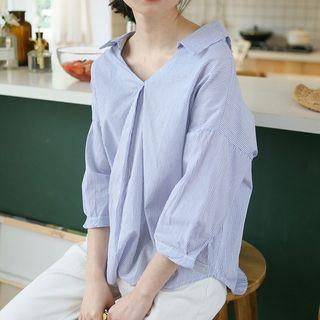 Pinstriped V-neck Blouse As Shown In Figure - One Size