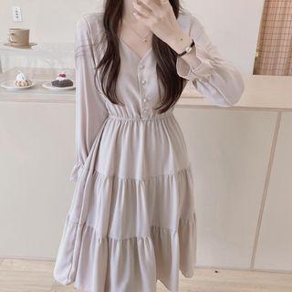 Plain V-neck Tiered Midi A-line Dress