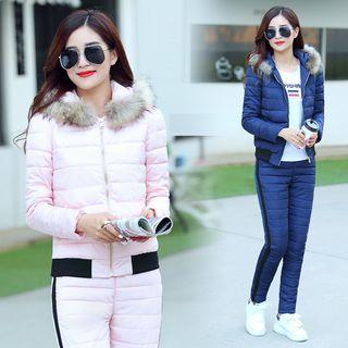 Set: Hooded Padded Jacket + Contrast Trim Padded Pants