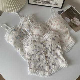 Lace Trim Floral Button-up Camisole Top