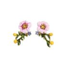 Fashion And Elegant Plated Gold Enamel Pink Flowers Yellow Cubic Zirconia Stud Earrings Golden - One Size