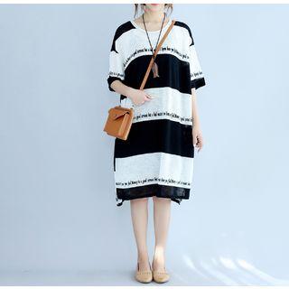 Striped Lettering Elbow Sleeve Dress
