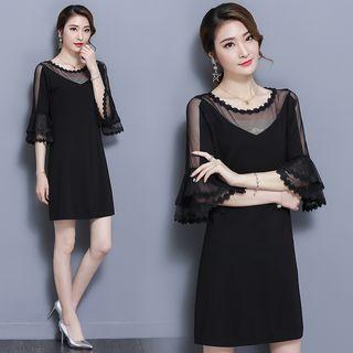 Bell Sleeve Lace Trim Mesh Panel A-line Dress