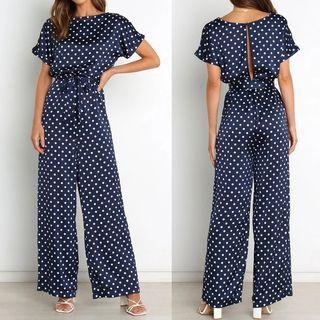 Short-sleeve Open-back Dotted Wide Leg Jumpsuit