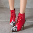 Pointed Snake Print Lace-up Stiletto Short Boots