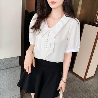 Short-sleeve Collar Plain Blouse