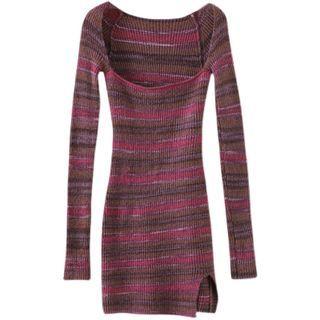 Long-sleeve Striped Slit Knit Mini Sheath Dress Striped - Purple - One Size