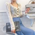 Puff-shoulder Sheer Lace Blouse