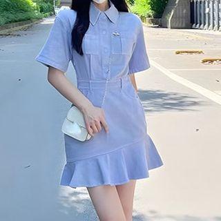 Elbow-sleeve Collar Denim Mini A-line Dress