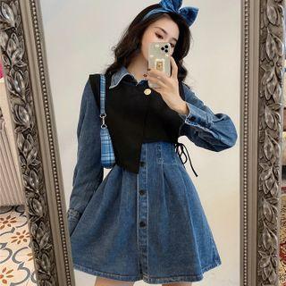 Long-sleeve Denim Mini A-line Shirtdress / Vest