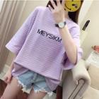 3/4-sleeve Letter Striped T-shirt