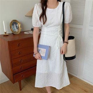 Puff-sleeve Drawstring Midi A-line Dress White - One Size
