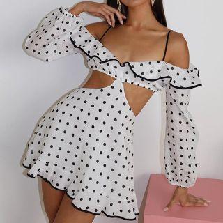 Long-sleeve Dotted Cutout A-line Dress