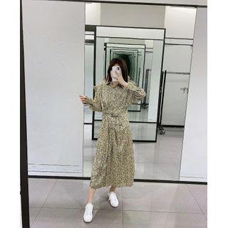 Long-sleeve Floral Print Tie-front Midi A-lien Dress