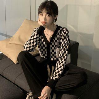 Checkerboard Cropped Cardigan / Drawstring Straight Leg Pants
