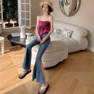 Irregular Printed Sleeveless Top / Side-slit Boot-cut Jeans