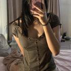 V-neck Lace Trim Button-through Short-sleeve T-shirt