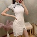 Traditional Chinese Short-sleeve Contrast Trim Lace Mini Sheath Dress