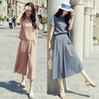 Set: Short Sleeve Striped Top + Cropped Wide-leg Pants