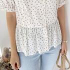 Puff-shoulder Patterned Peplum Blouse Cream - One Size