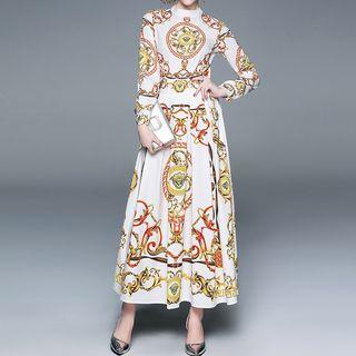 Long-sleeve Maxi Printed A-line Dress