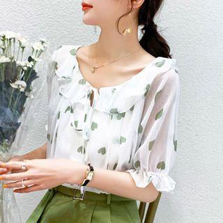 Heart Print Elbow-sleeve Chiffon Blouse / Wide-leg Shorts