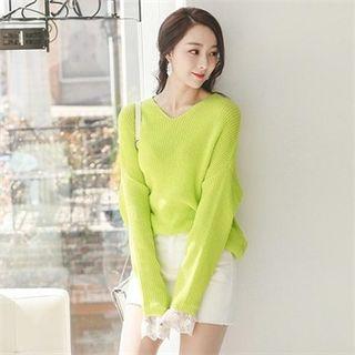 Drop-shoulder Lace-cuff Knit Top