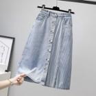 Striped Panel Denim Midi A-line Skirt