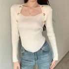 Long-sleeve Square Neck Plain Round Hem Top