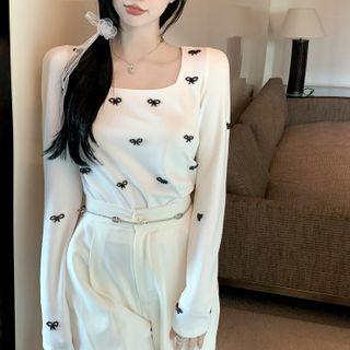 Square-neck Bow T-shirt / High-waist Wide-leg Pants
