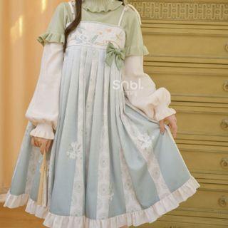 Mock-neck Frill Trim Sweater / Pleated Floral Embroidered Overall Dress