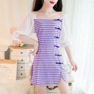 Elbow-sleeve Frog Button Plaid Mini Sheath Dress