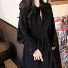 Bell-sleeve Tie-neck Layered Pleated Dress